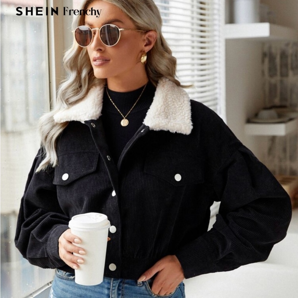 Black Corduroy Jacket with Cream Collar